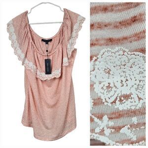 Tommy Hilfiger St Tropez Red White Stripe Top Off the Shoulder Ruffled Knit Tee